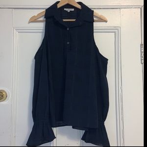 Anthropologie Waverly Grey cold shoulder sheer navy collared button top